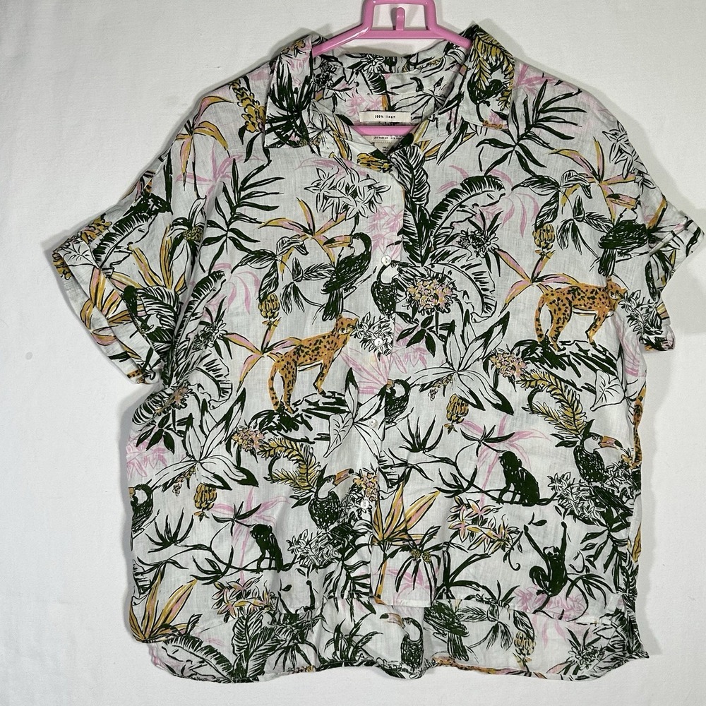 Rachel Zoe 100% Linen Button Up Jungle Animal Print Roll Tab Sleeve Tunic Top L